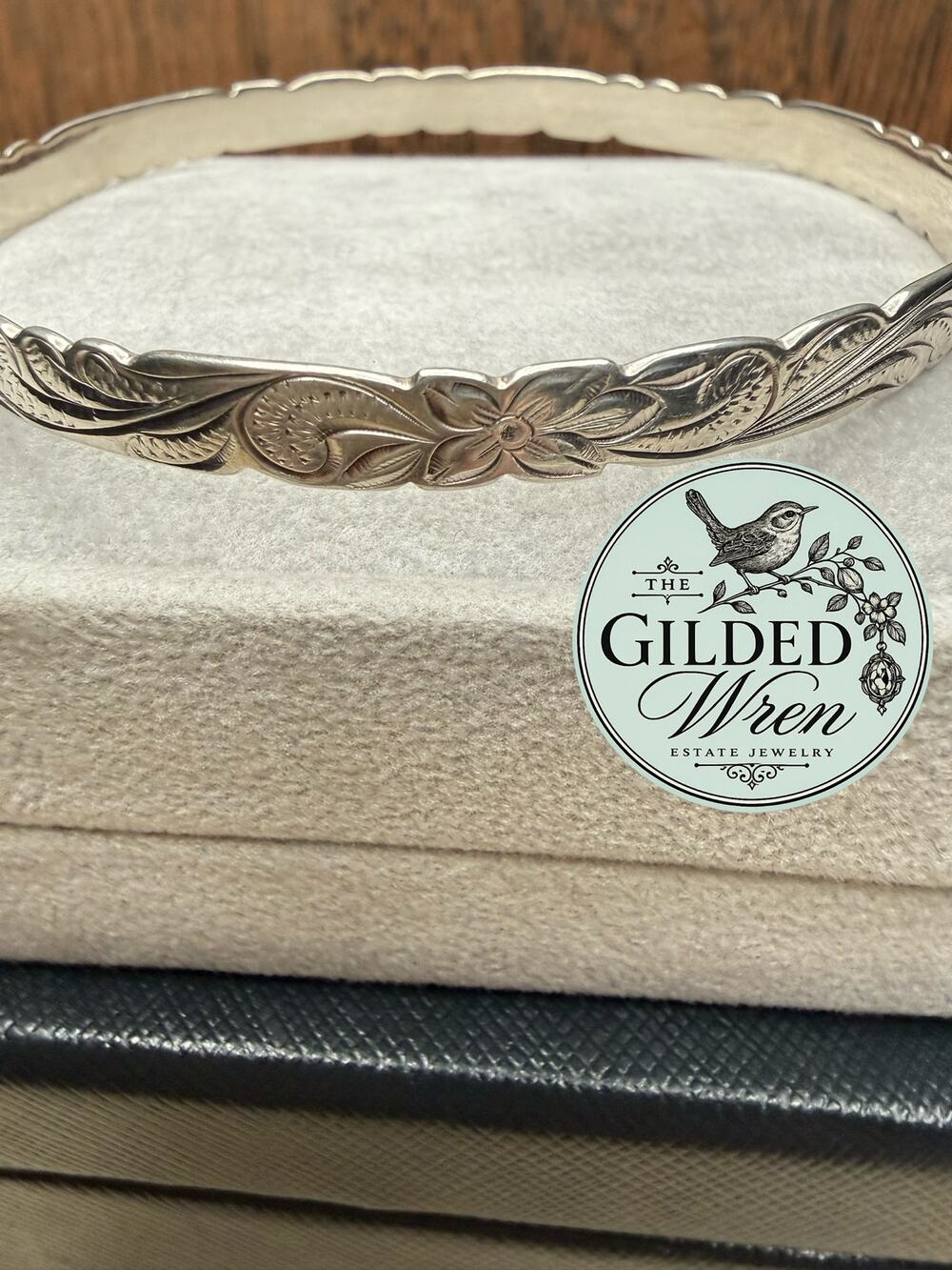 Sterling Silver Bangle, Vintage with etched flowers